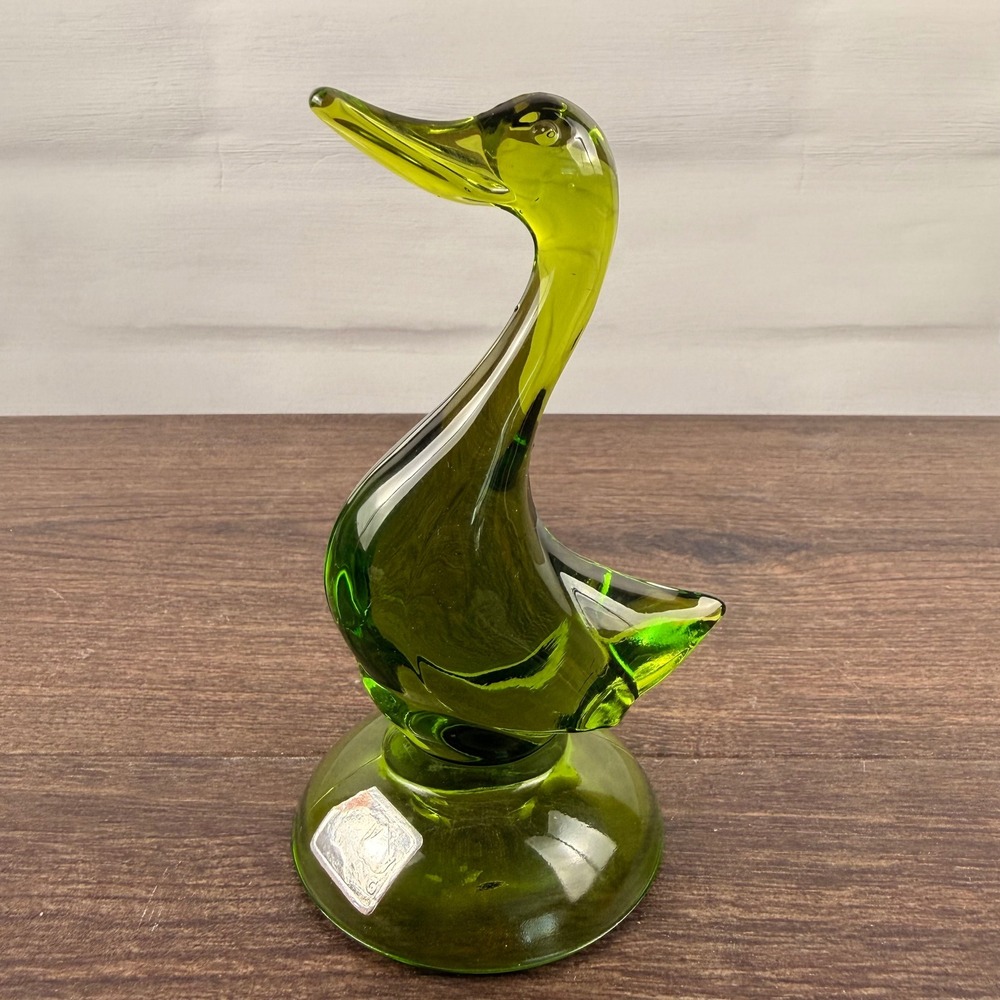 Viking Glass Epic 1316 Duck Figurine Avocado Green Mid Century Modern